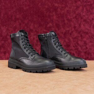 Vince Men Raider Black Leather Fabric Lace-up Zip Combat Boots sz 7.5US EUR40.5